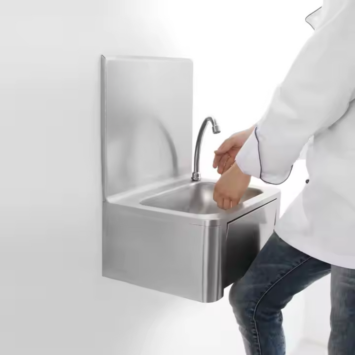 Lavamanos de Acero Inoxidable de Montaje a Pared con Válvula de Rodilla, Contracanasta y Cuello SPKHW-LP Teknikitchen