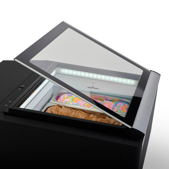 Vitrina Expositora para Helado Italiano Gelato con 3 insertos de 5 litros con Puerta de Apertura Intercambiable Vidrio Templado TKNS03B