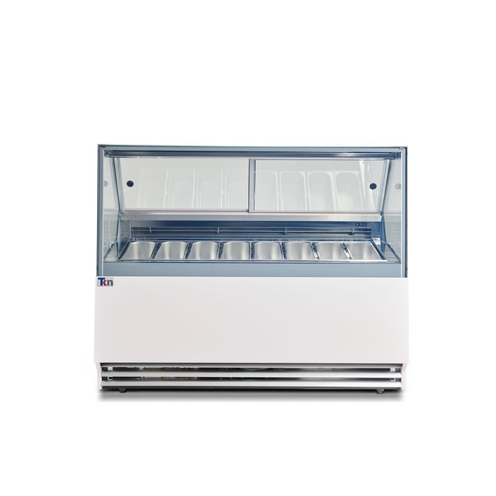 Vitrina Expositora Blanca para Gelato 110V 8 Insertos de 5 litros TKN8GS Iluminación LED Cristales Templados