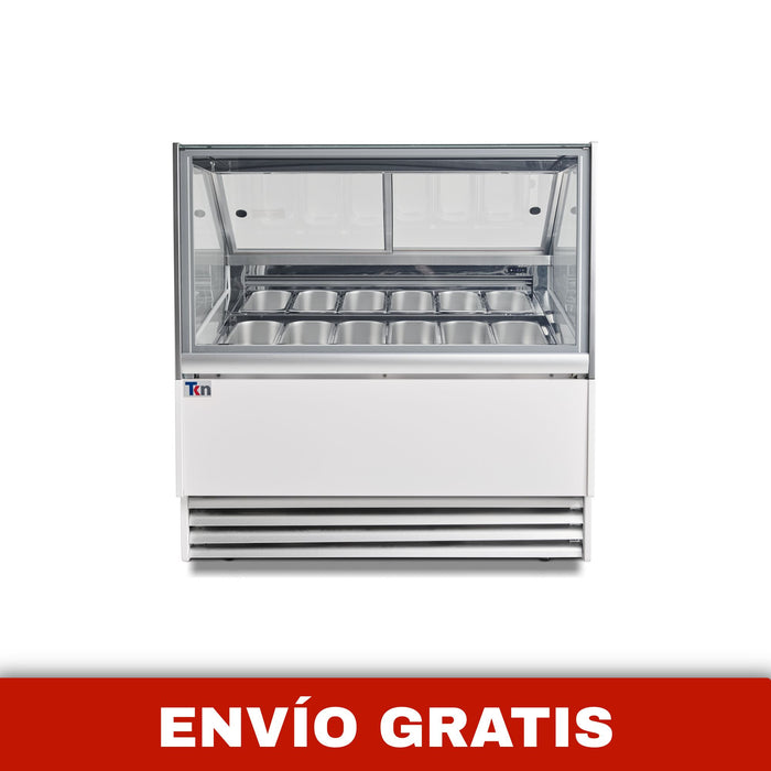 Vitrina Expositora Blanca para Gelato 220 V 12 Insertos de 5 Litros TKN12GS TKN Iluminación LED Cristales Templados