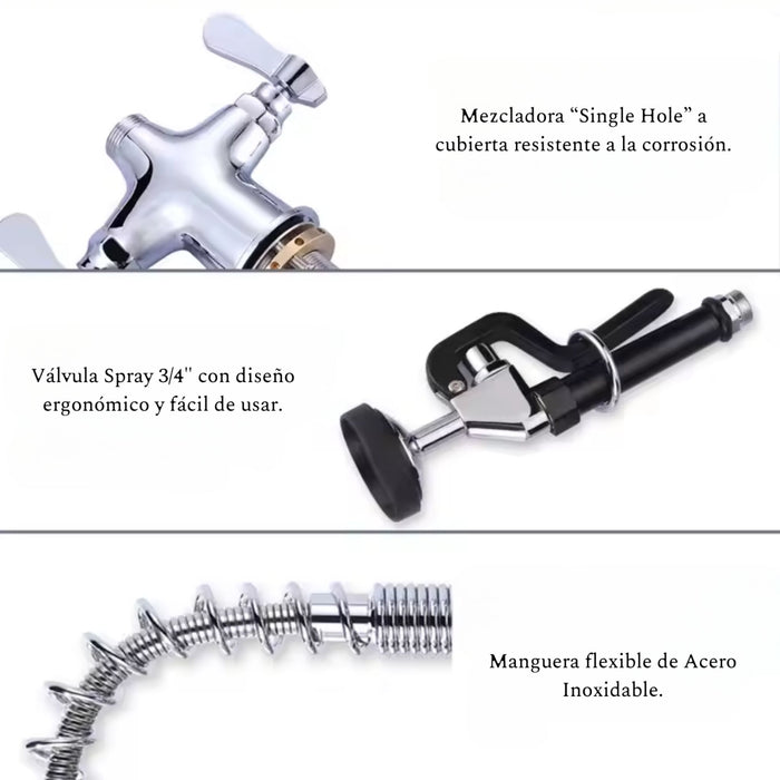 Llave de Prelavado Grifo a Cubierta con Mezcladora "Single Hole" Manguera Flexible Acero Inoxidable TKN2110 Teknikitchen