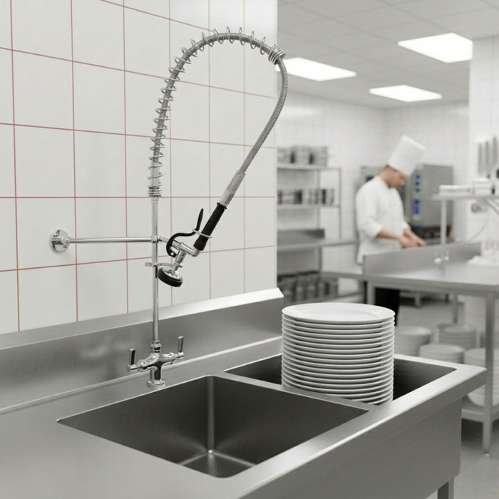 Llave de Prelavado Grifo a Cubierta con Mezcladora "Single Hole" Manguera Flexible Acero Inoxidable TKN2110 Teknikitchen