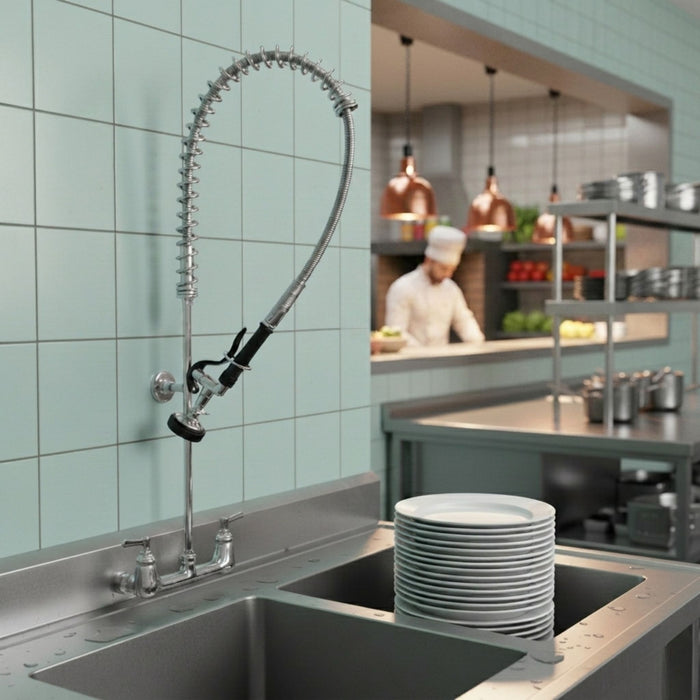 Llave de Prelavado Grifo a Pared con Mezcladora de 8" Manguera Flexible de Acero Inoxidable TKN2210 TekniKitchen